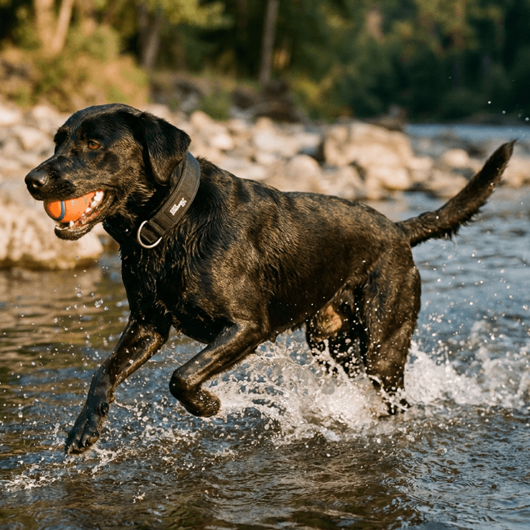 A black dog with a wide collar runs through the water, holding an orange ball in its mouth.