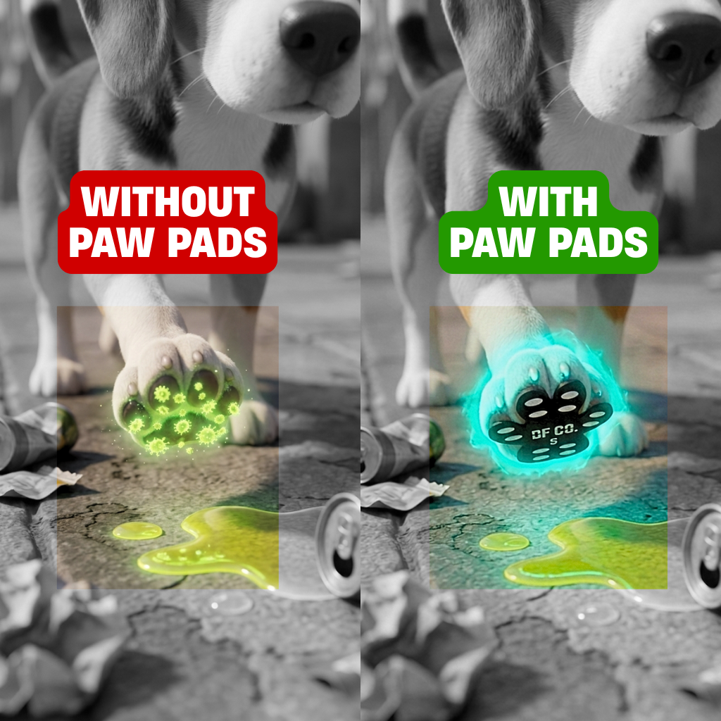 A close-up of a dog's paw with red, raw-looking pads resting on asphalt in the sun.