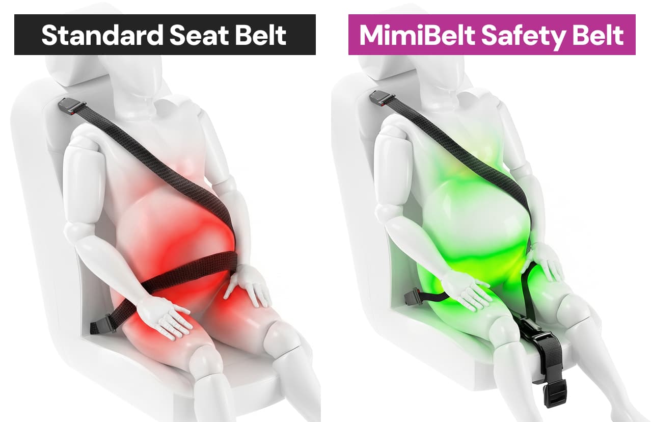 A graphic comparing a standard seat belt to a maternity safety belt on a pregnant mannequin.