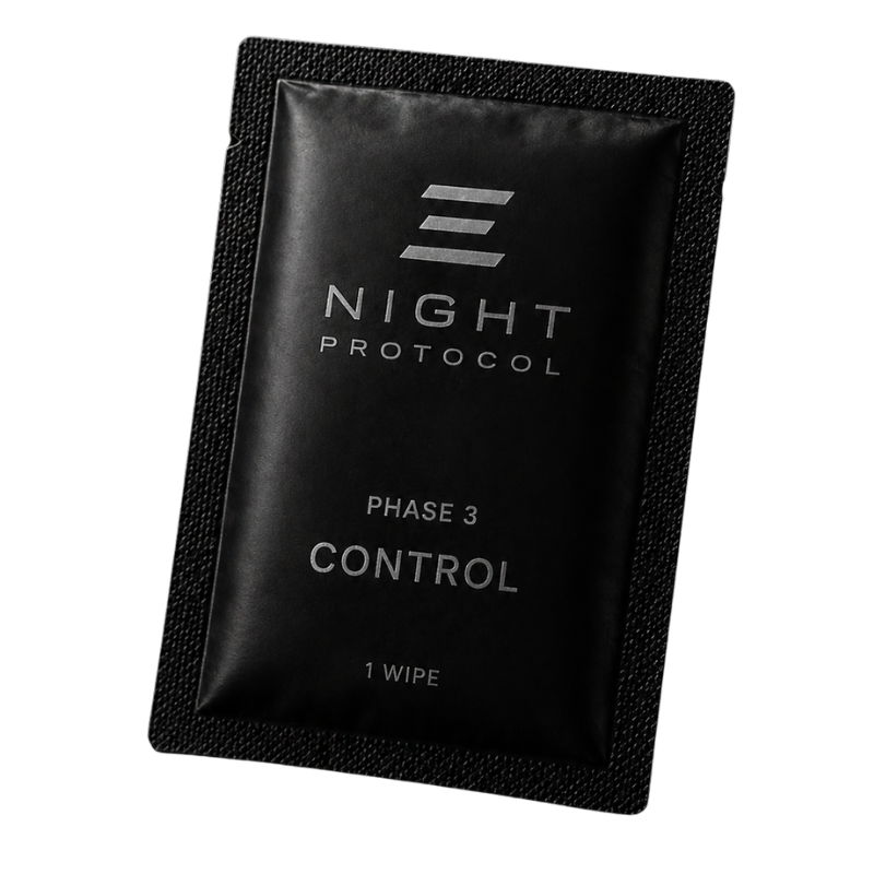 A single black foil packet labeled 'Night Protocol Phase 3 Control 1 Wipe' on a white background.