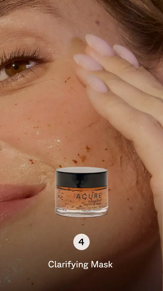 Background of person washing skin, product image in foreground. Step 4 clarifying mask