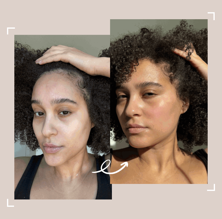 an alternating gif between 5 products in yellow and orange packaging and a woman’s before/after shot of her with dull skin to her with bright skin
