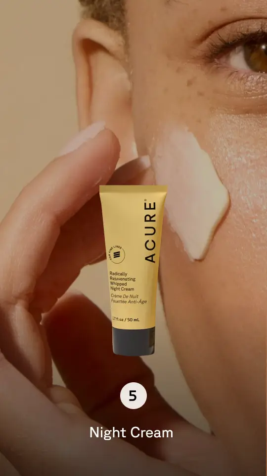 Background of person applying serum, product image in foreground. Step 5 Night Cream