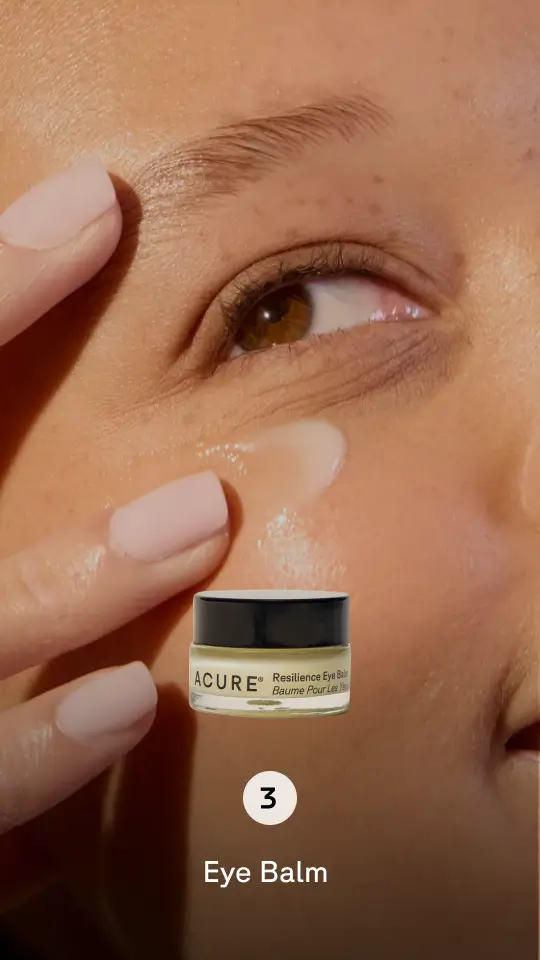 Background of person washing skin, product image in foreground. Step 3 Eye Balm