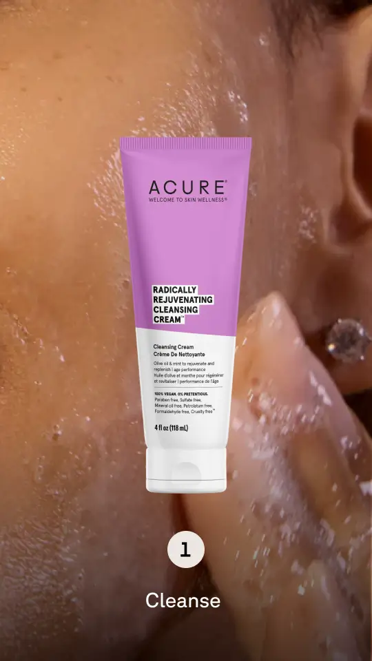 Background of person washing skin, product image in foreground. Step 1 Cleanse