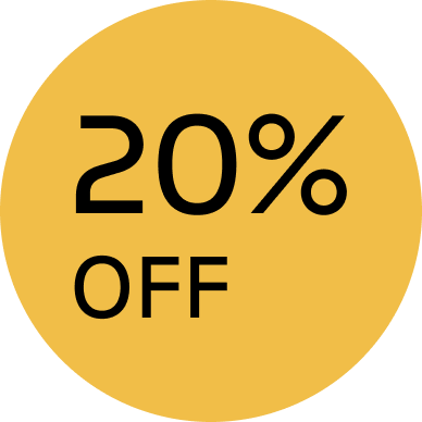 Yellow circle with '20% OFF' in black text.