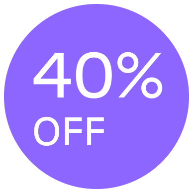 Purple circle with '40% OFF' in white text.