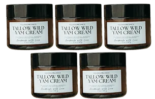 Five dark amber jars of Tallow Wild Yam Cream with black lids on a white background.