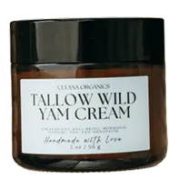 A brown jar of Uliana Organics Tallow Wild Yam Cream with a black lid and white label.