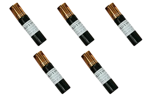 Five identical dark bottles with bronze caps and white labels arranged diagonally on a white background.