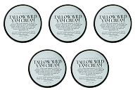 Five round containers labeled 'Tallow Soap' against a black background.