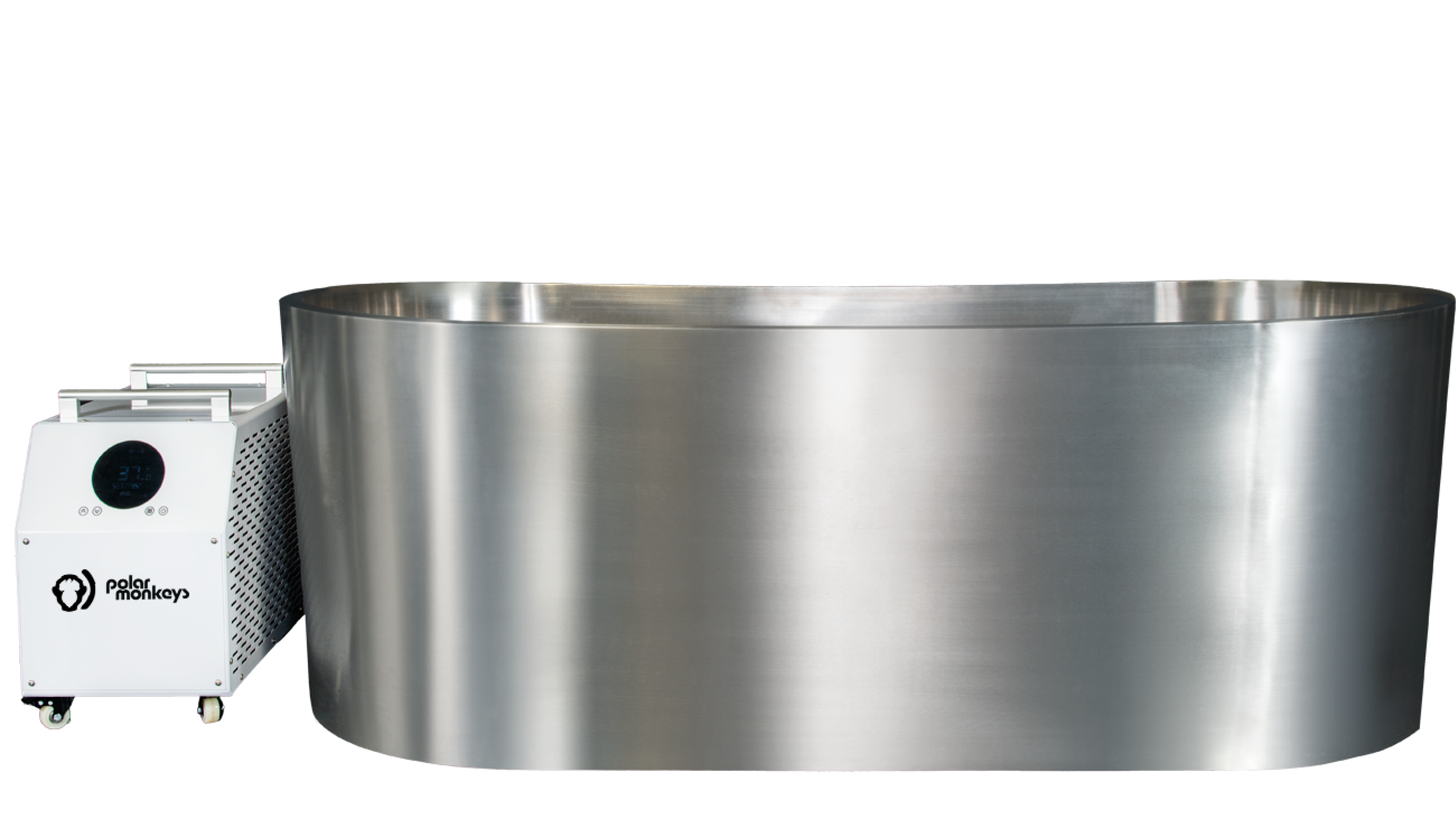 Stainless steel cold plunge tub with digital control unit.