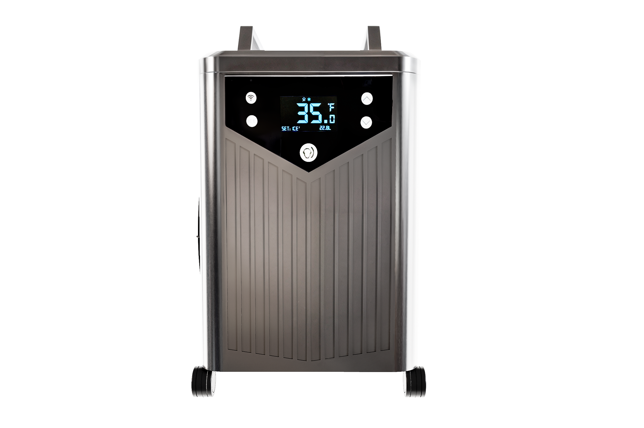 Metallic device with digital display showing temperature, on wheels.