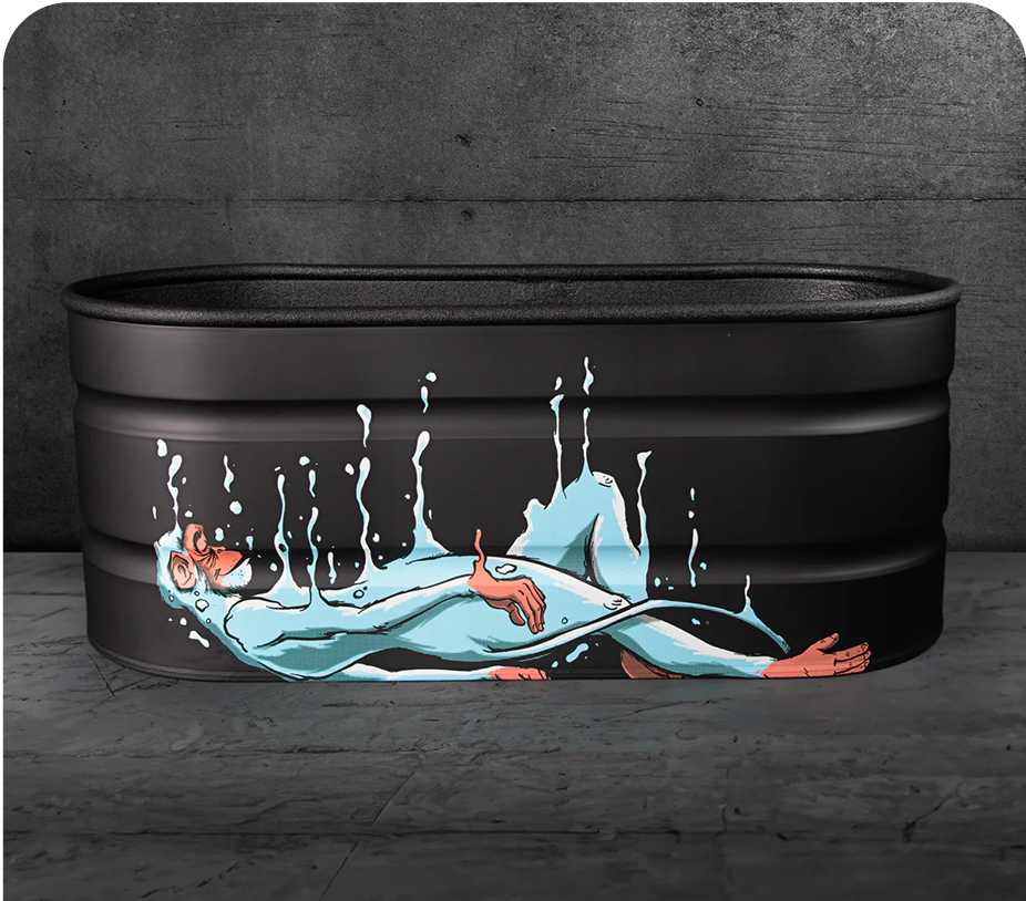 A black bathtub with artistic painting of a melting blue figure on its side.