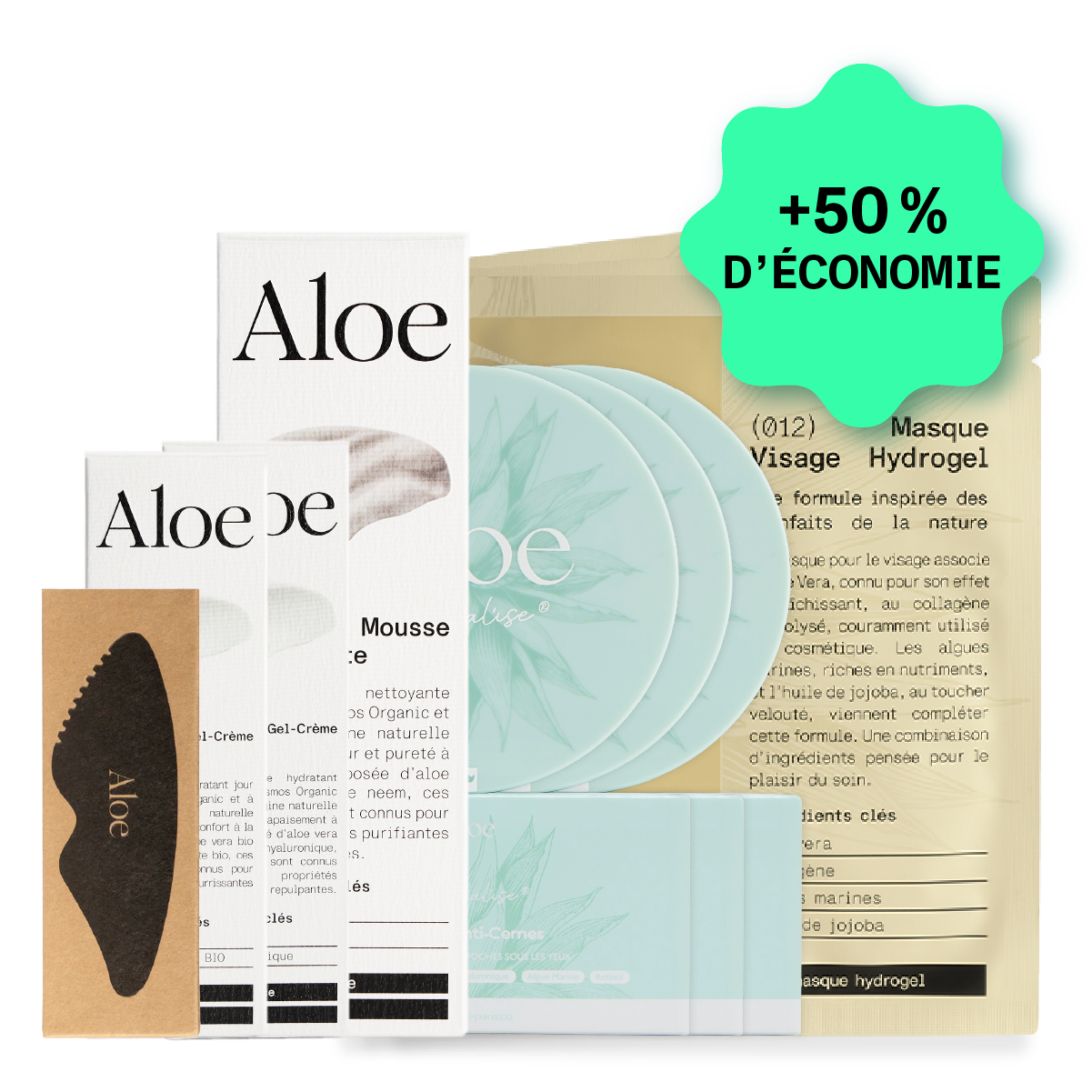 A collection of 'Aloe' brand skincare products including creams, masks, and a gua sha tool, with a promotional sticker.