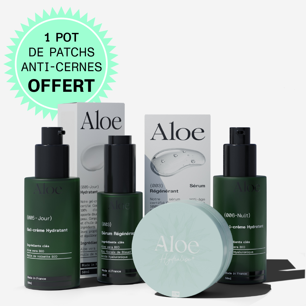 Various Aloe skincare products displayed with promotional text.