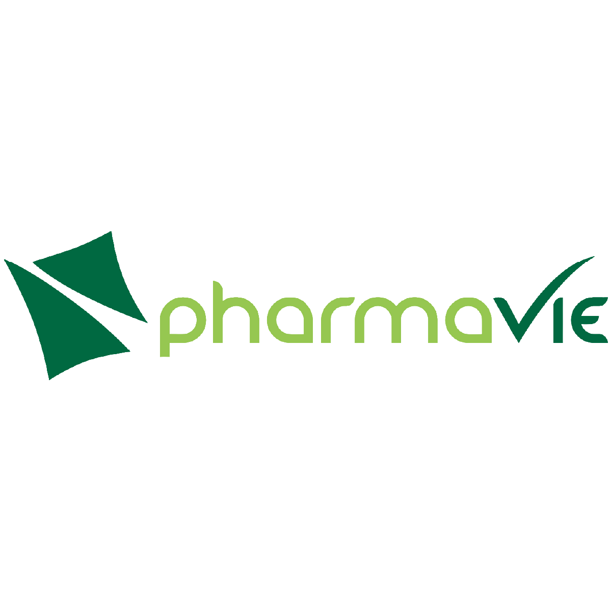 The logo for pharmavie, featuring a green abstract shape next to the company name in green.