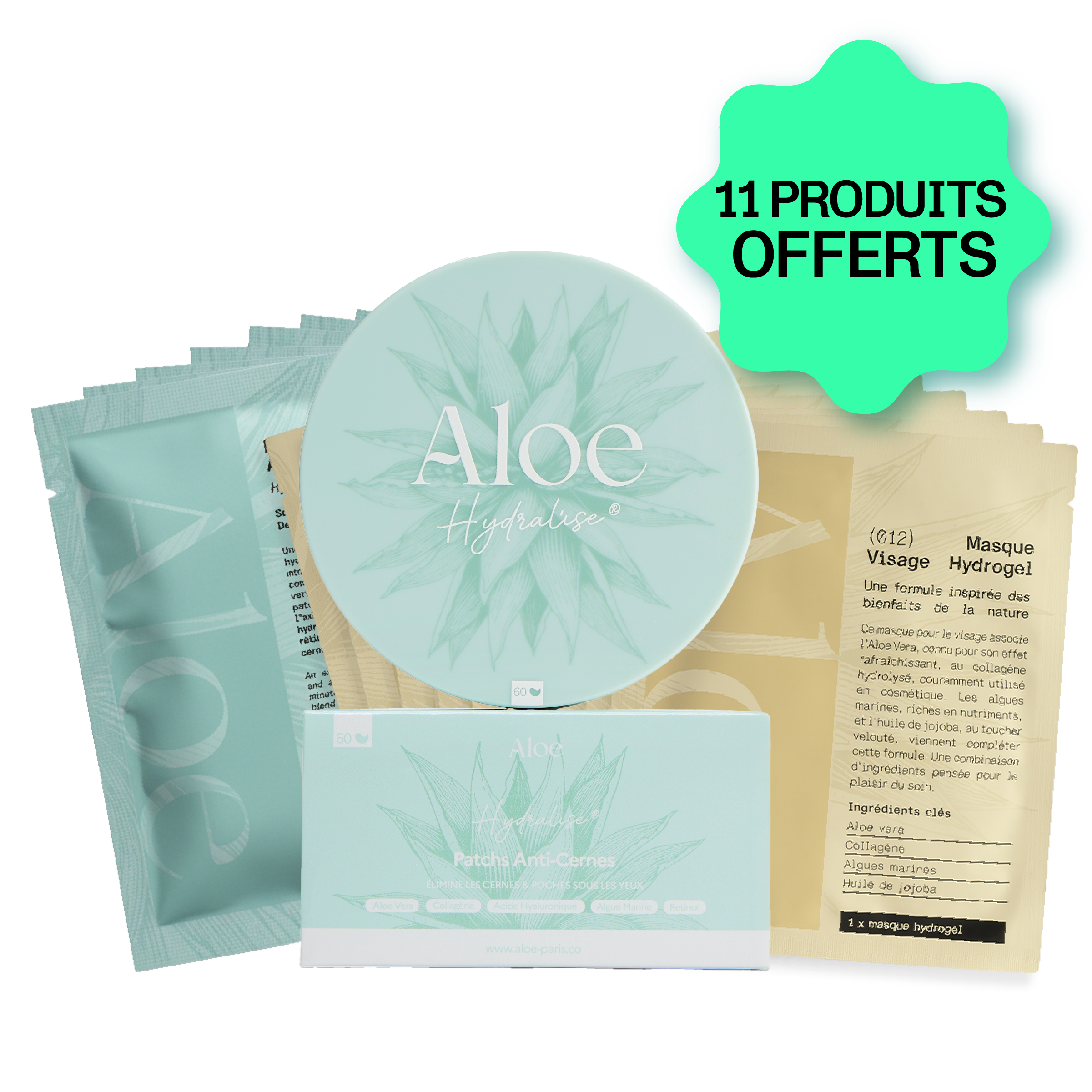 An assortment of Aloe Hydralise skincare products with a green sticker that reads '11 PRODUITS OFFERTS'.