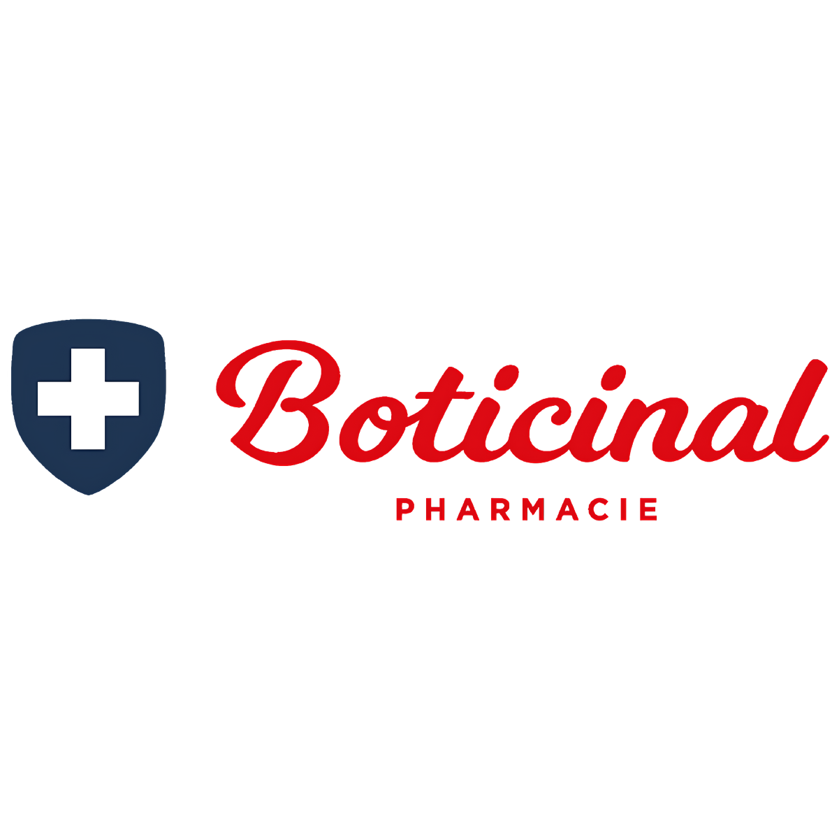 The logo for Boticinal Pharmacie, featuring a blue shield with a white cross and red text.
