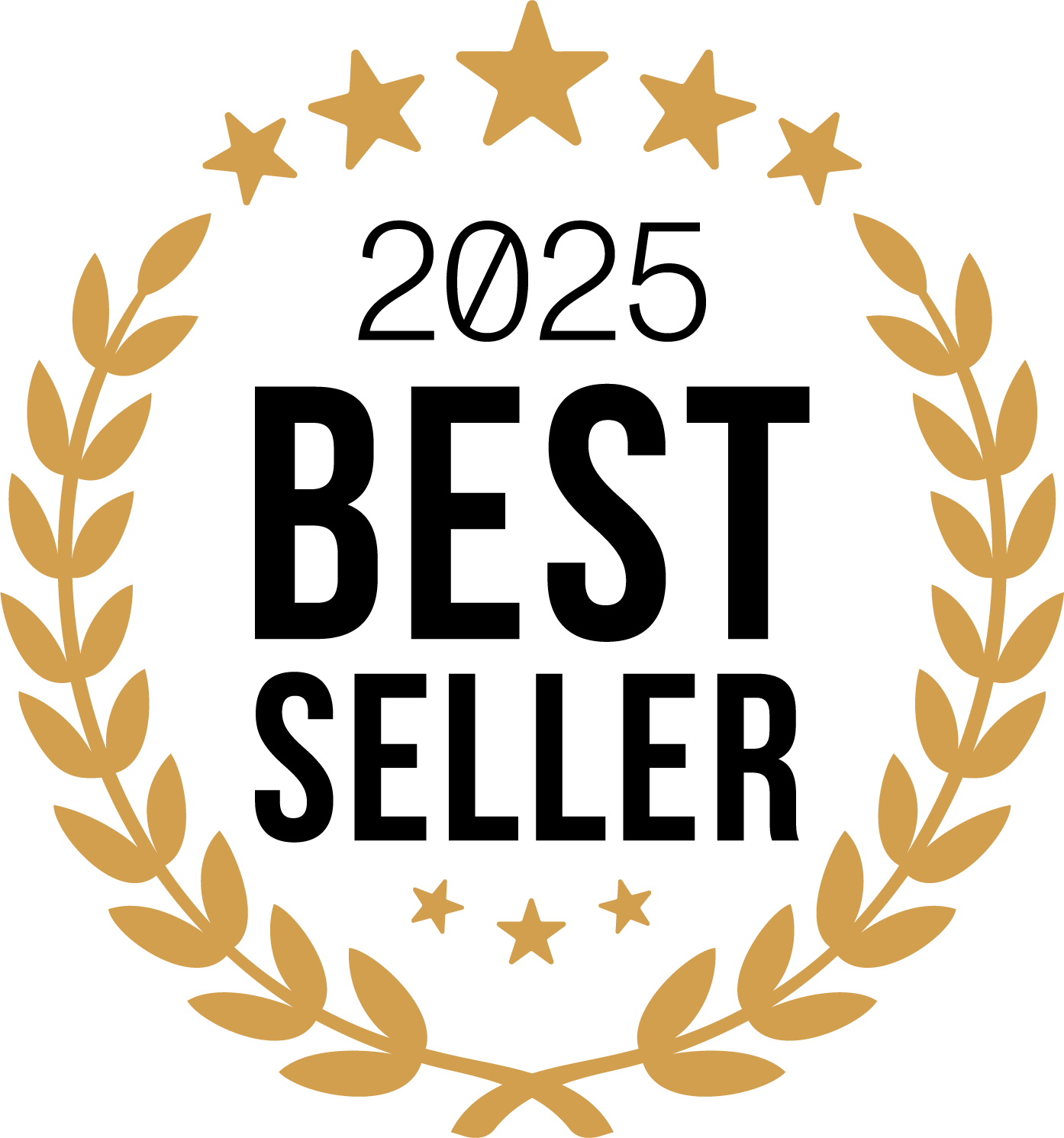A '2025 Best Seller' graphic logo featuring a gold laurel wreath and stars on a white background.
