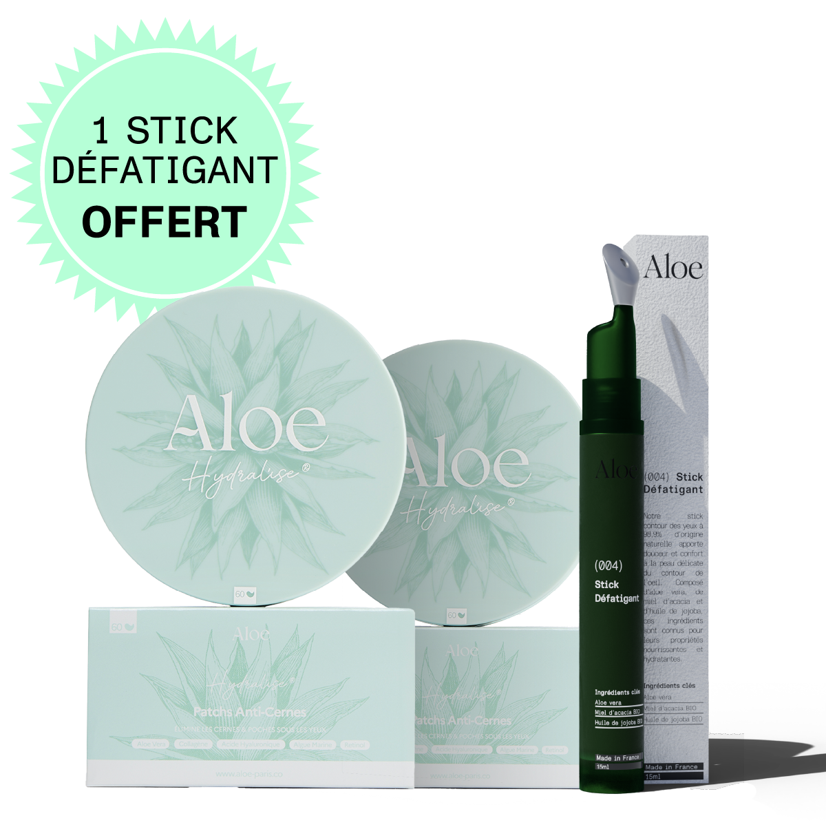 Aloe skincare products, including anti-fatigue stick and patch boxes, with a promotional offer label.
