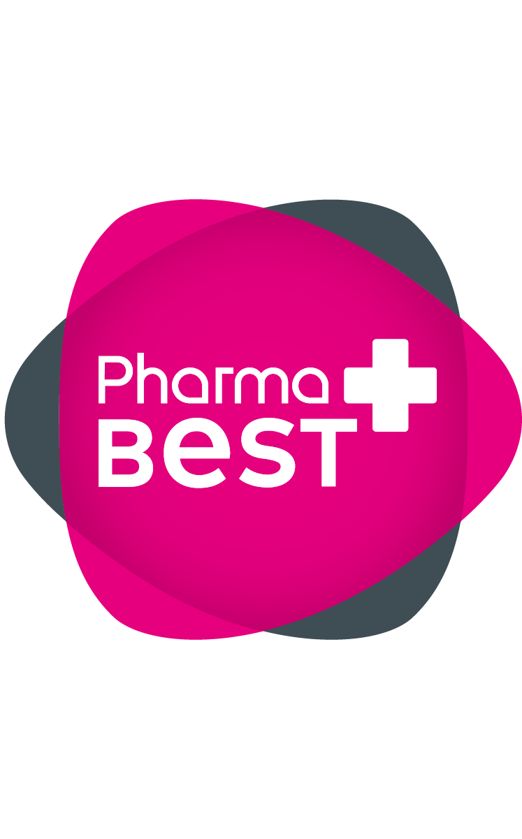 The Pharma BEST logo, featuring a white plus sign on a magenta and gray abstract background.
