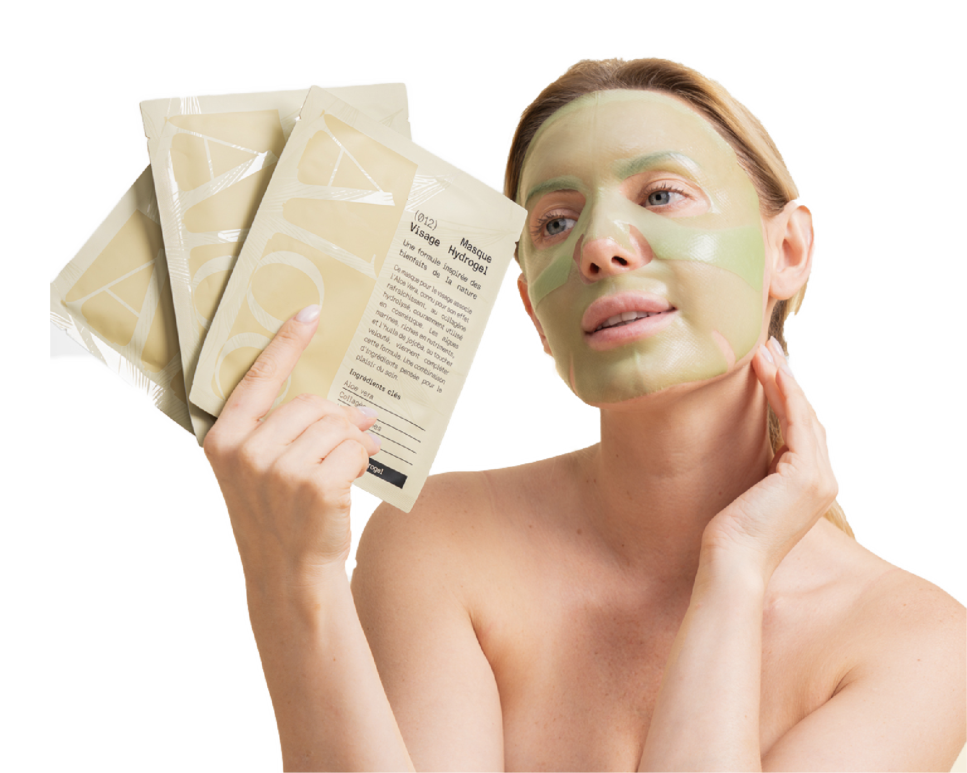 A woman wearing a green hydrogel face mask holds up several packets of the product.