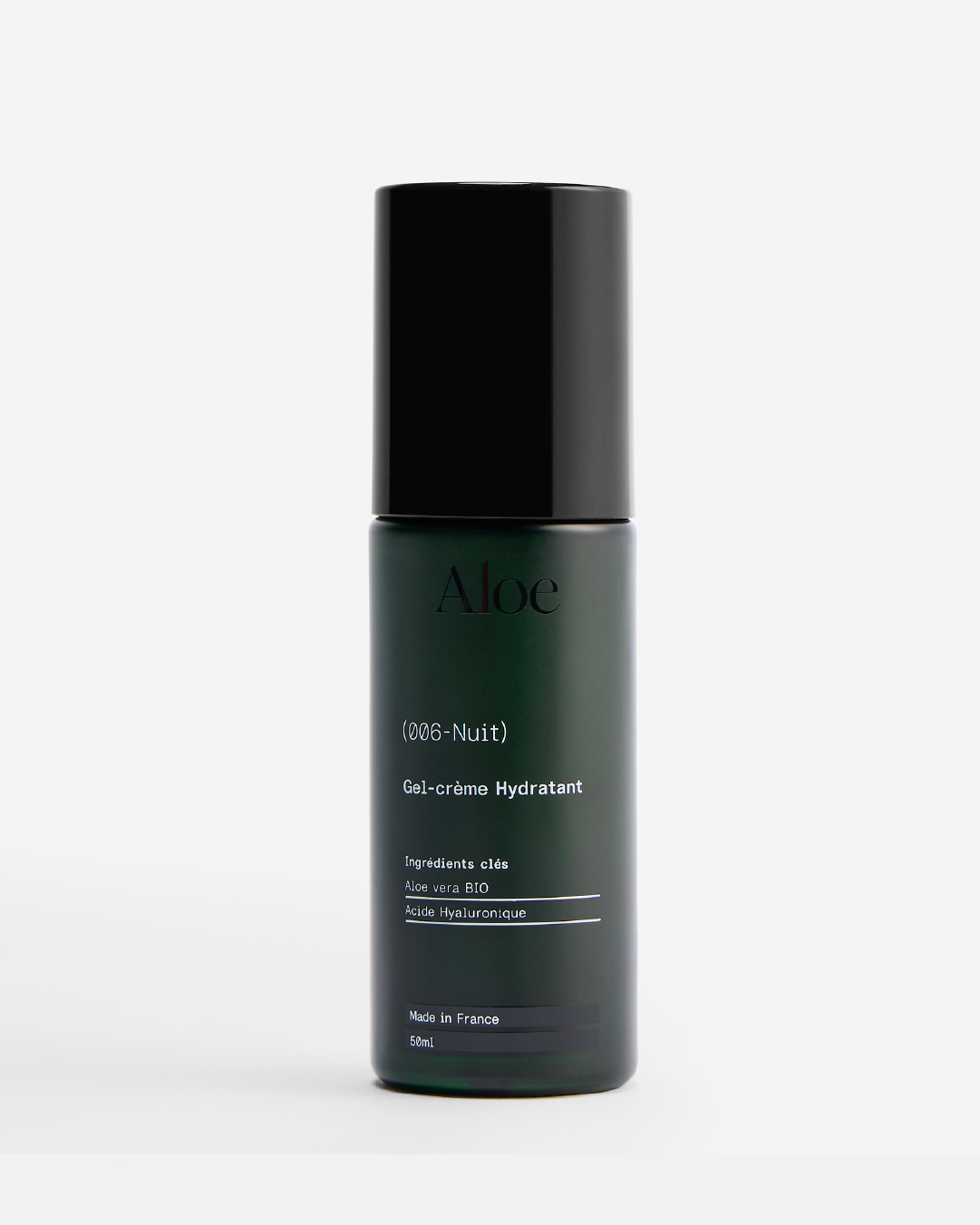 Dark bottle of Aloe gel-crème hydratant with text details.