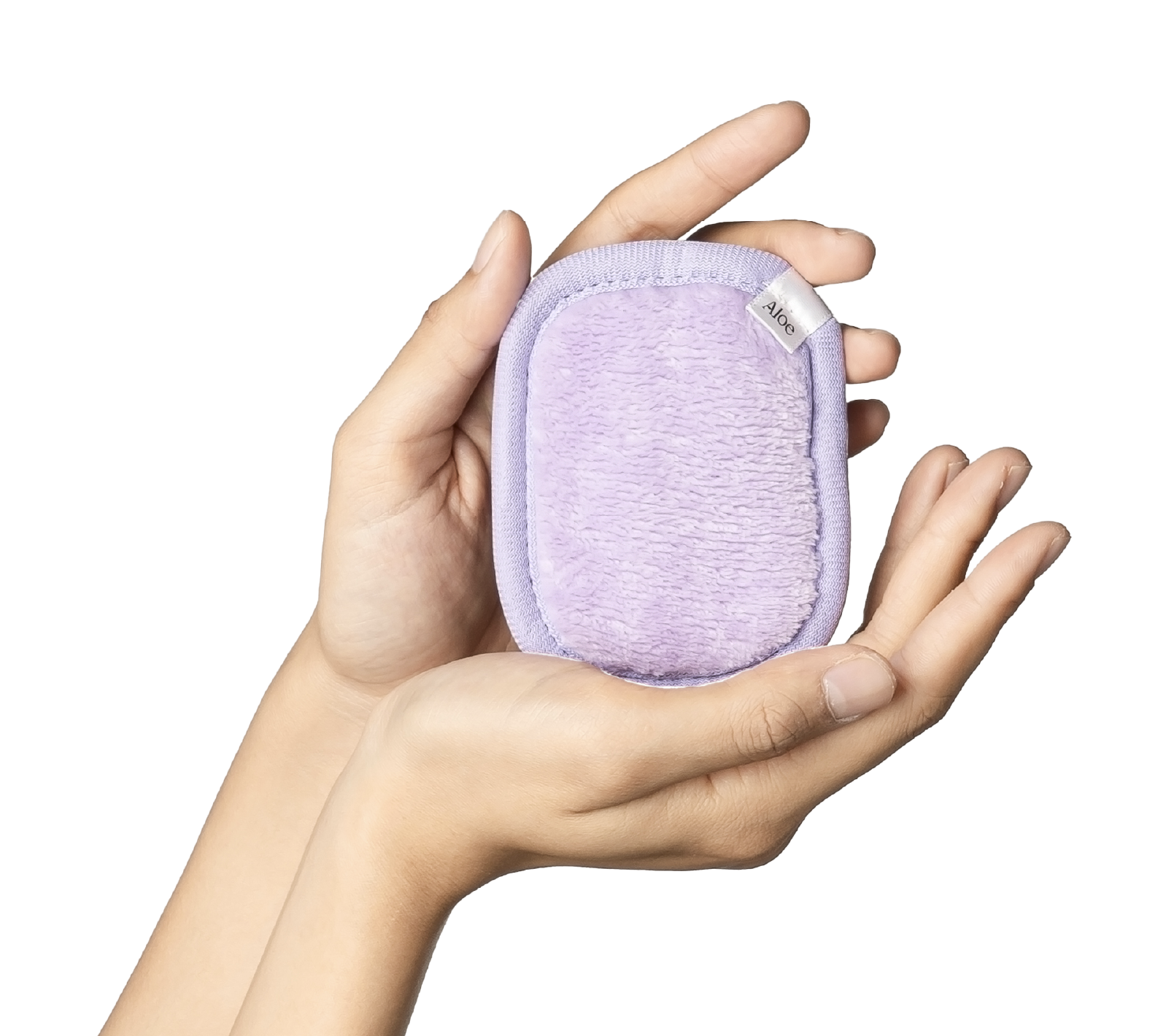 A pair of hands holding a small, purple, oval, fuzzy pad against a white background.