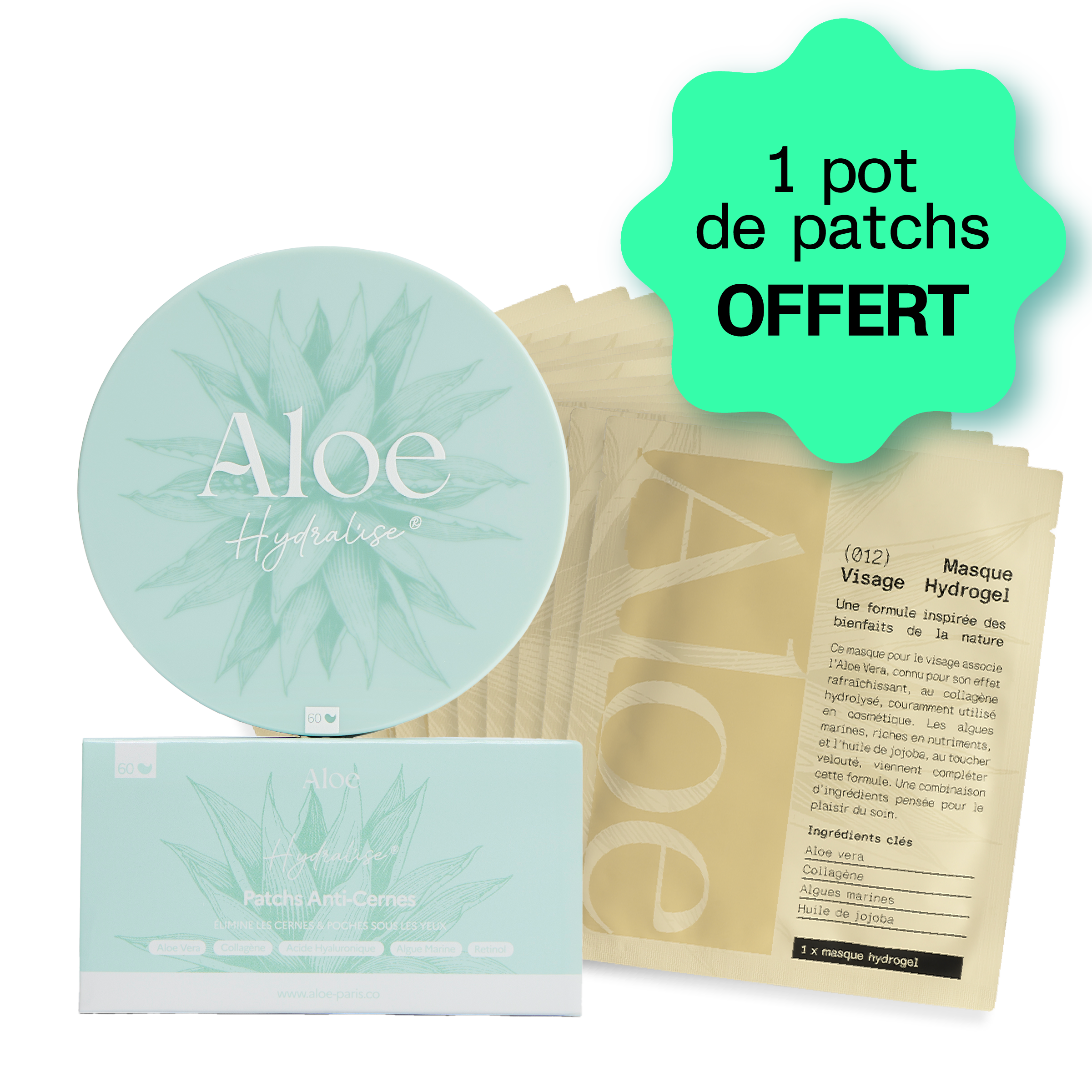 A collection of Aloe Hydralise skincare products, including eye patches and face masks, with a promotional offer sticker.