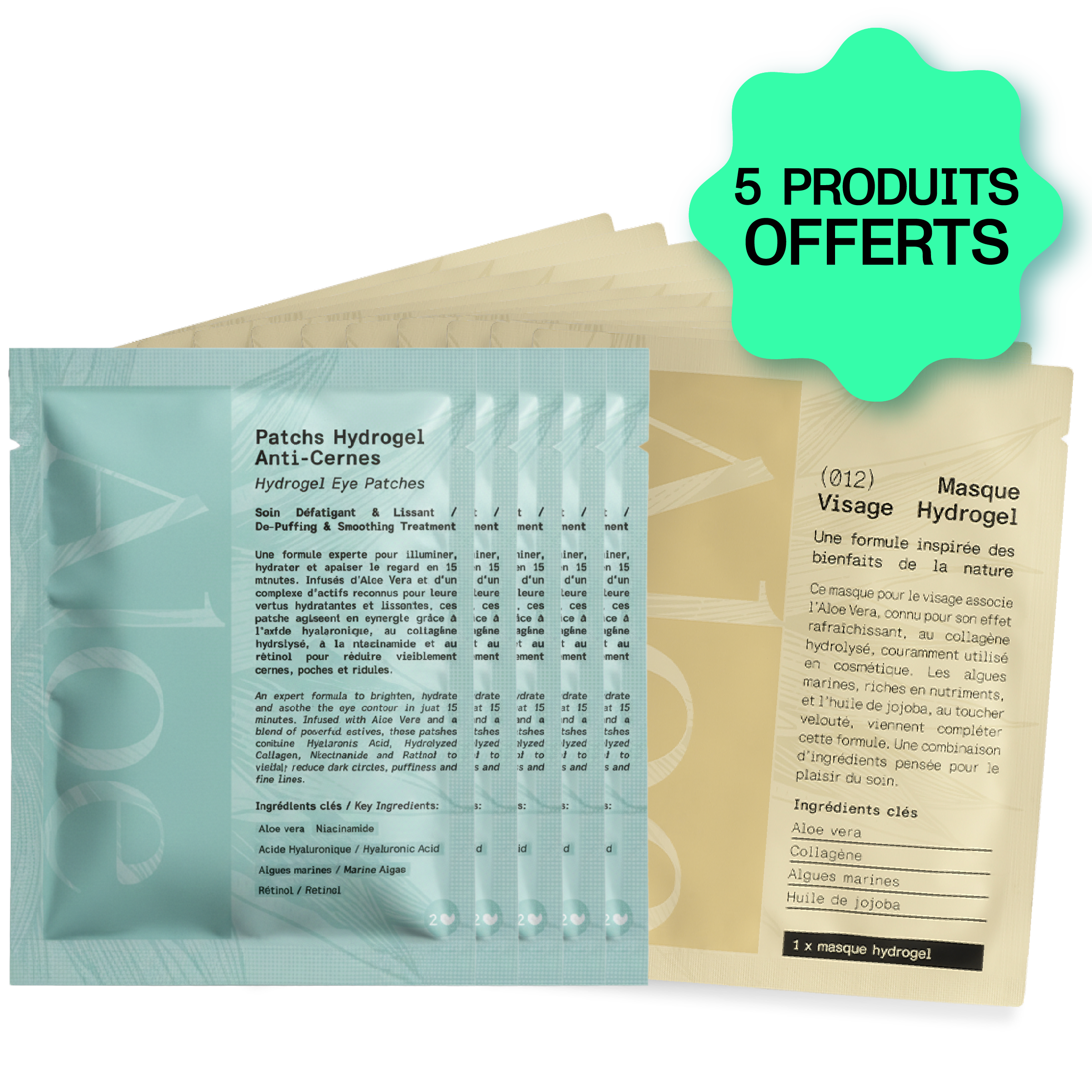 Hydrogel eye patch and face mask sachets with a '5 produits offerts' promotional sticker on a green background.