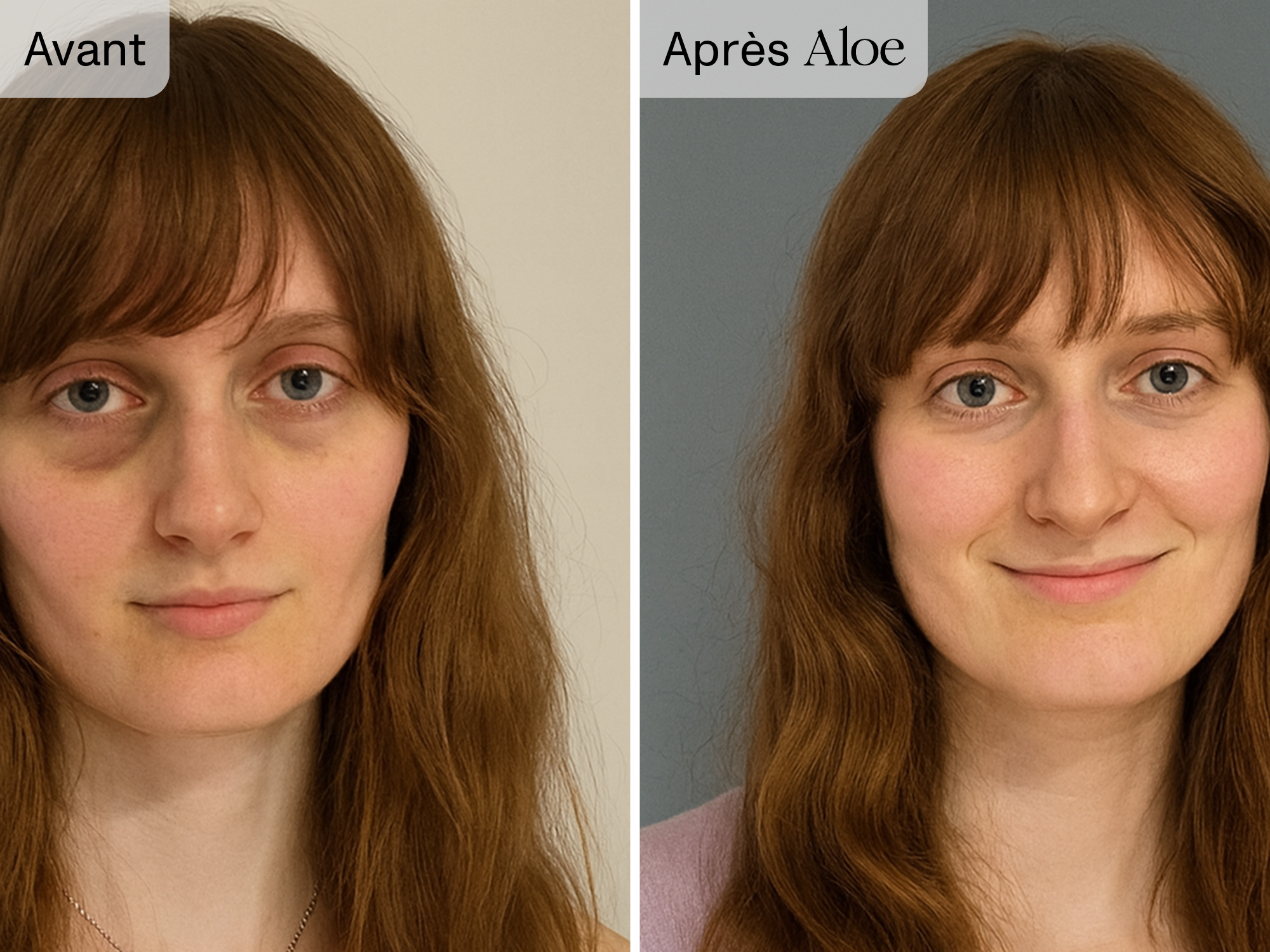 Split image showing a woman before and after using aloe product.