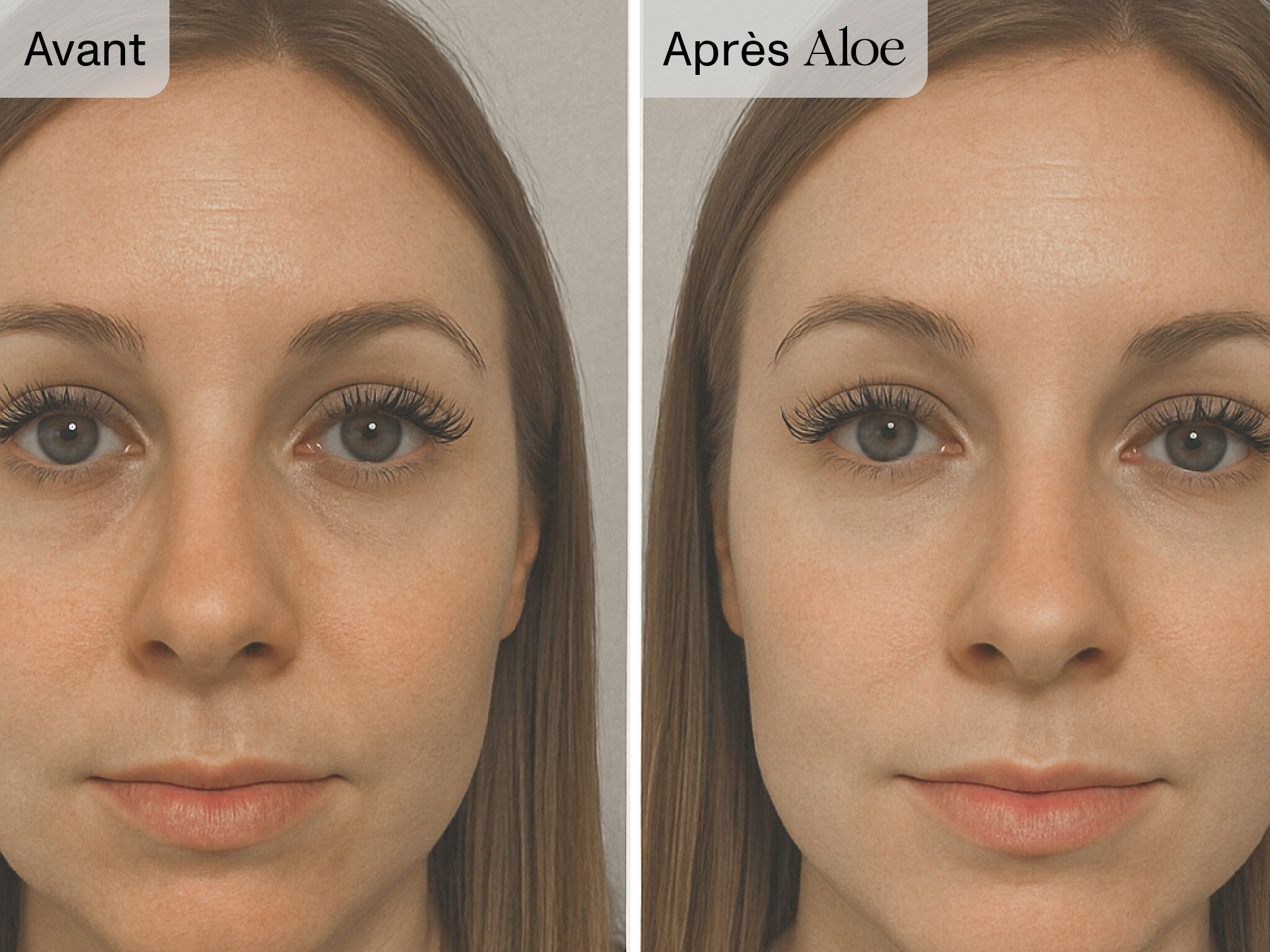 Side-by-side comparison of a woman's face labeled 'Avant' and 'Après Aloe.'