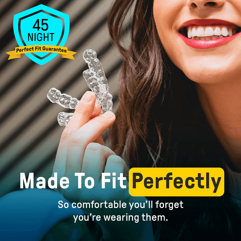 Woman holding clear aligners, smiling with text about perfect fit guarantee.