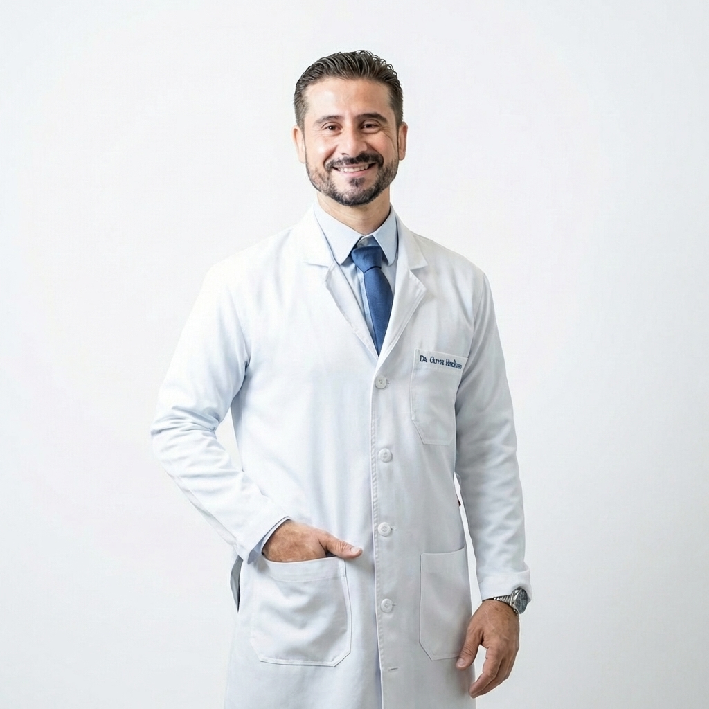 A smiling male doctor in a white lab coat stands against a plain white background.