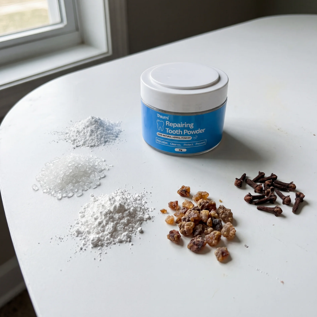 A jar of repairing tooth powder sits on a white table surrounded by piles of its ingredients.