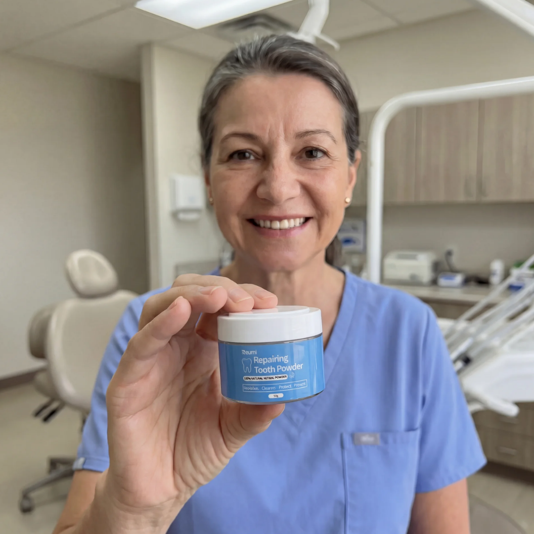 A smiling dental professional in blue scrubs holds up a small jar of repairing tooth powder.