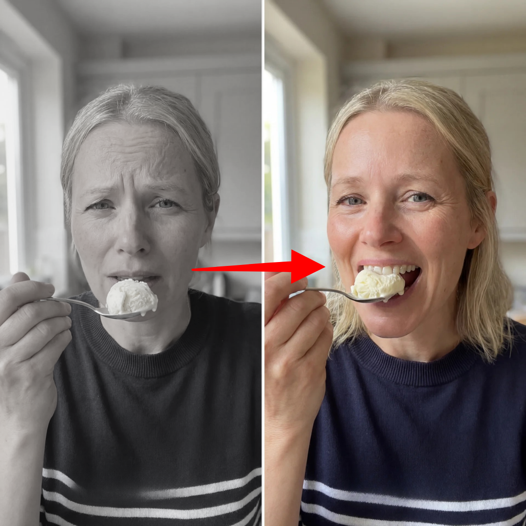 A split image shows a woman looking sad at ice cream, then happily eating it in the color follow-up.