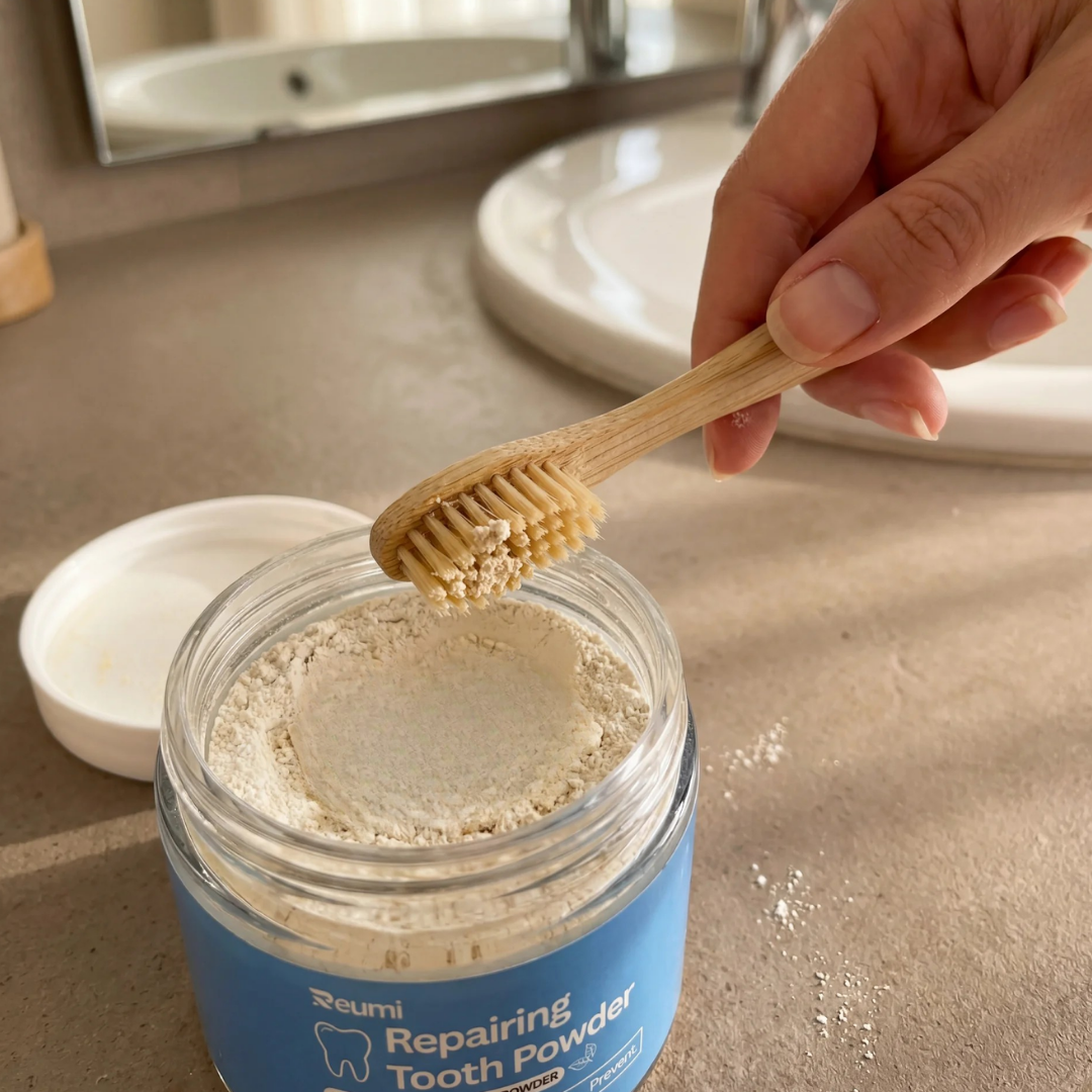 A hand dips a wooden toothbrush into a glass jar of repairing tooth powder in a bathroom.