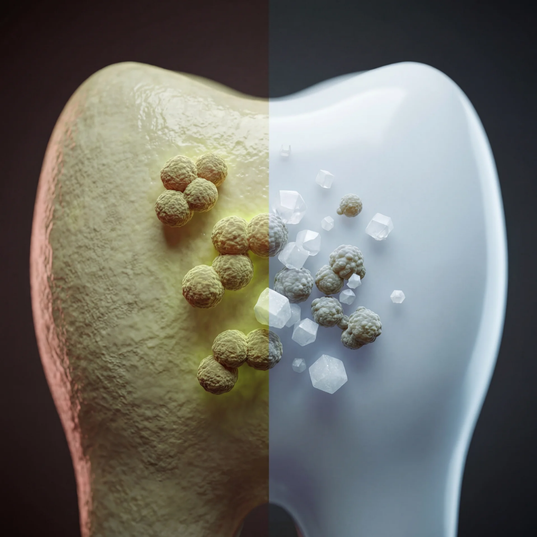 A close-up digital rendering of a tooth, split to show a yellow, plaque-covered side and a clean, white side.