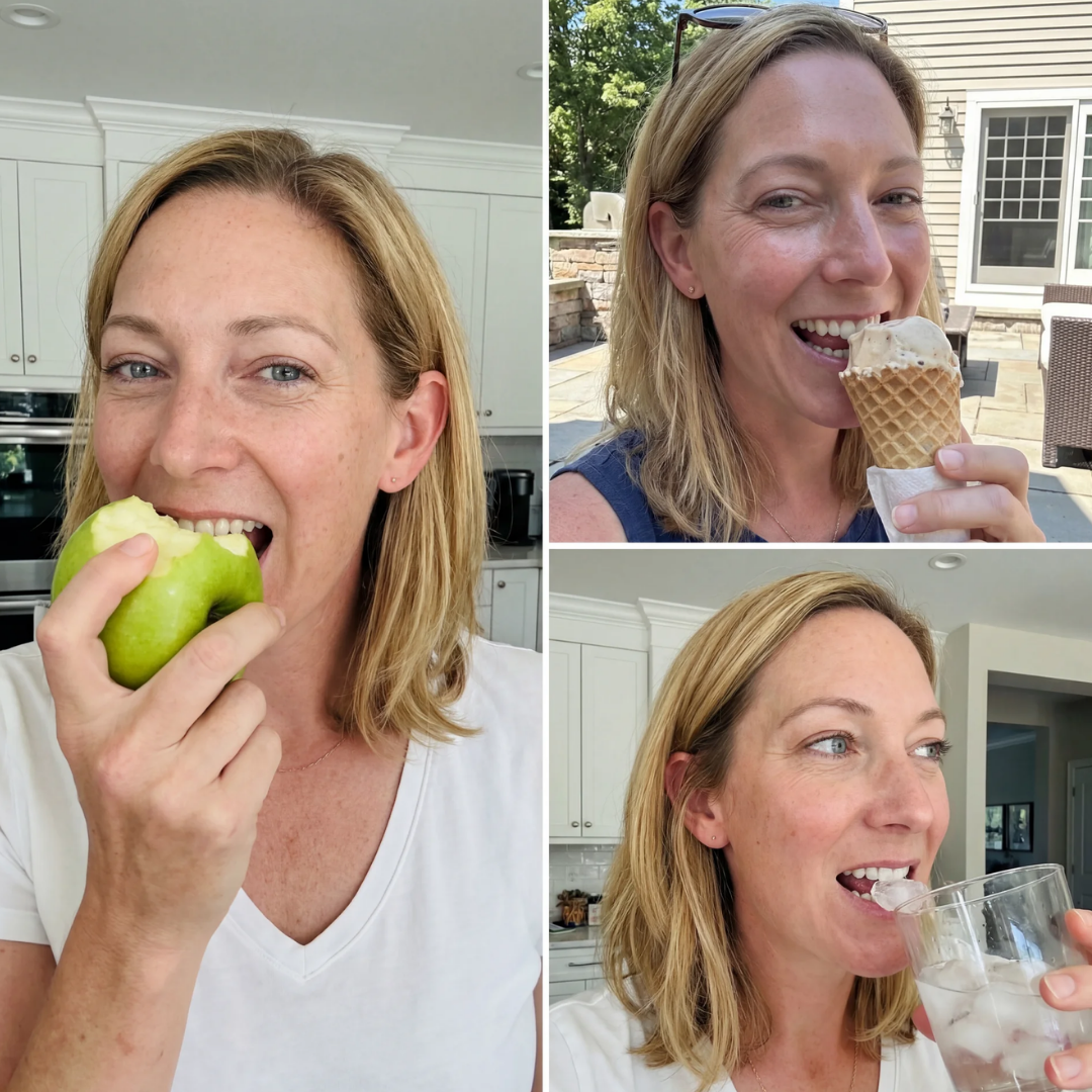 A photo collage of a woman eating an apple, an ice cream cone, and an ice cube.