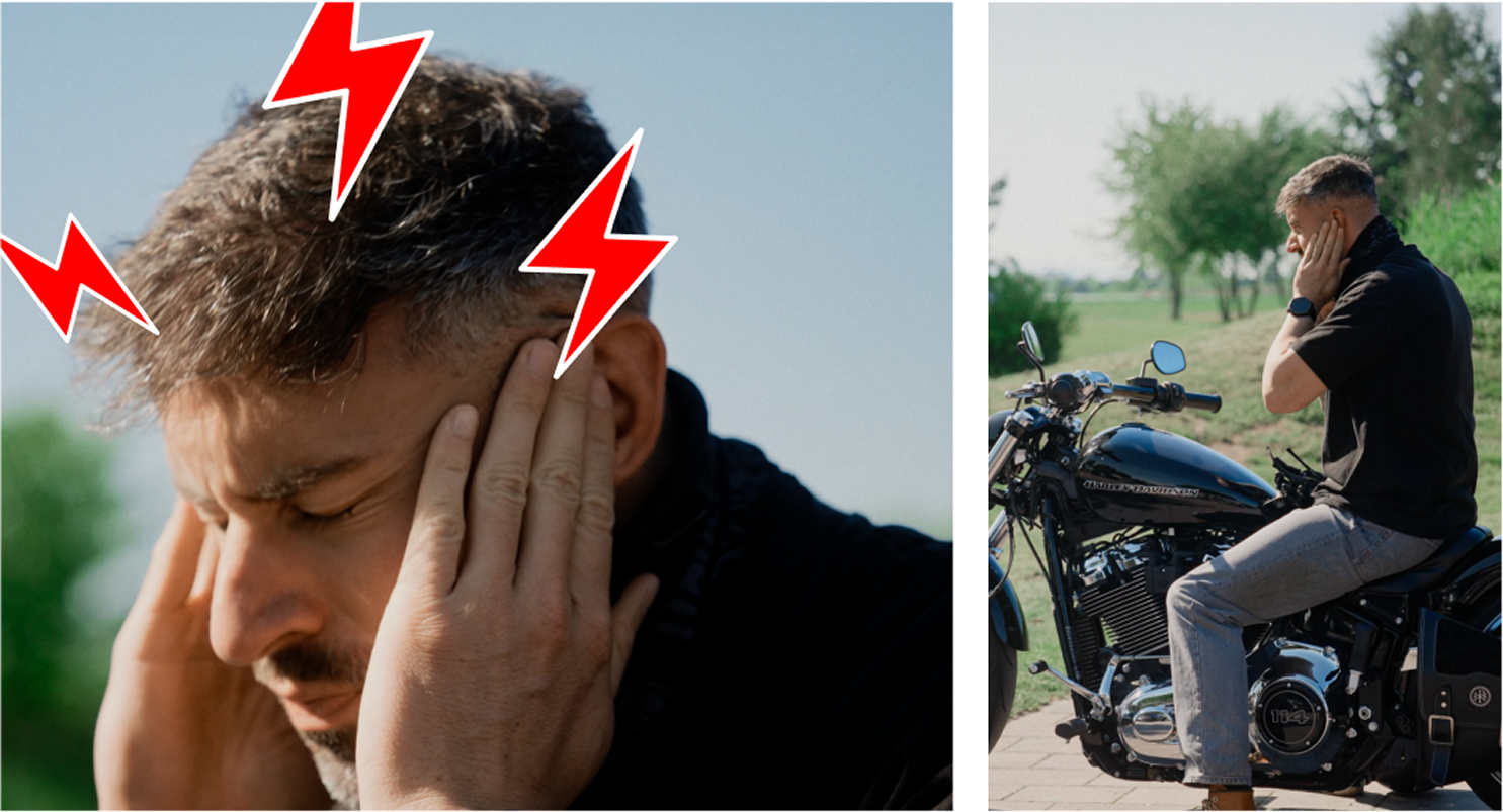 Man sitting on motorcycle, holding head with red lightning symbols indicating pain.