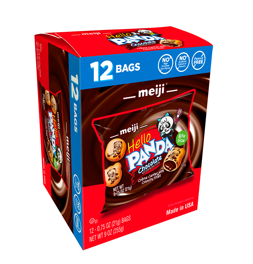 Box of Hello Panda chocolate snack bags with cartoon panda design.
