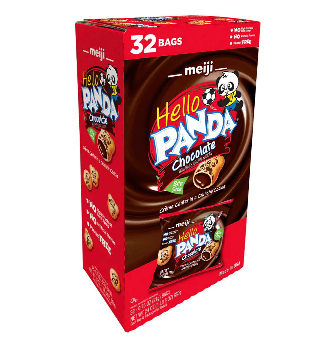 Box of Hello Panda chocolate cookies, 32 bags, with panda mascot.