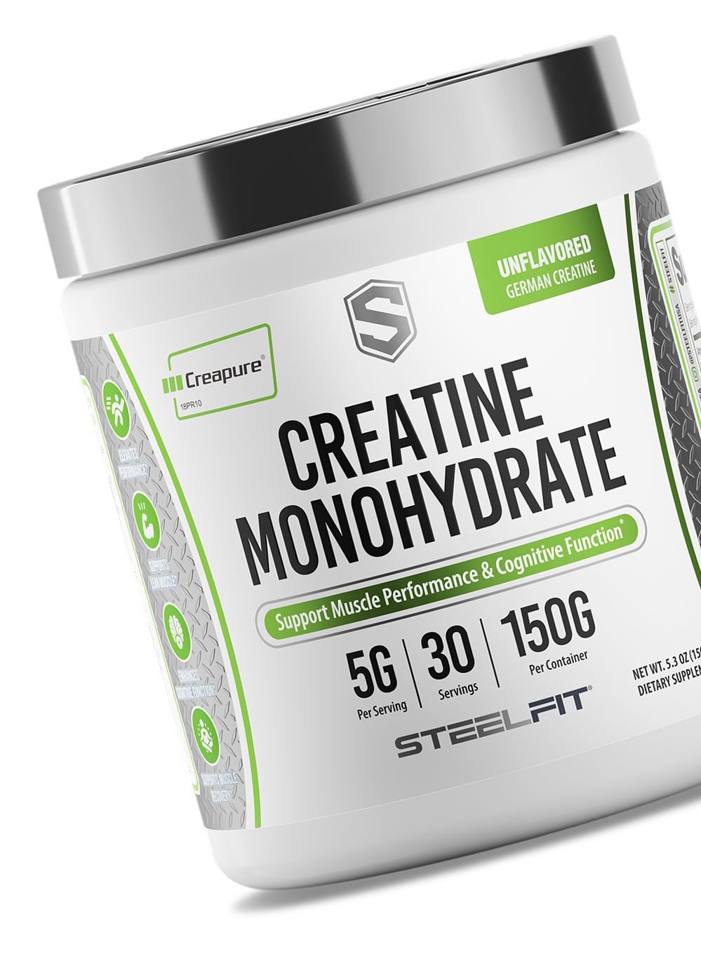 A white tub of SteelFit Creatine Monohydrate supplement against a black background.