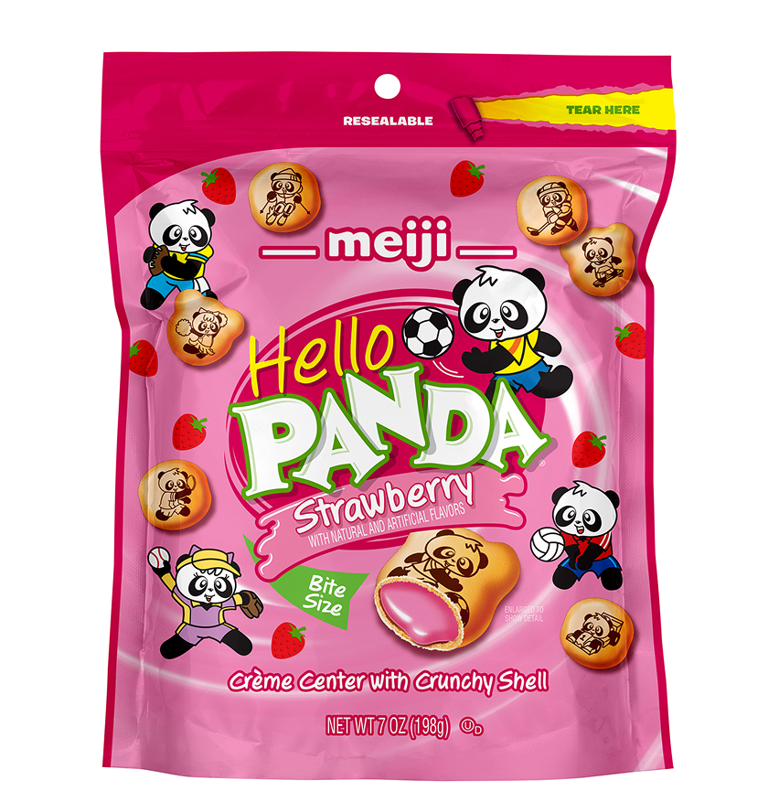 Pink Hello Panda strawberry snack package with panda illustrations and bite-size crackers.