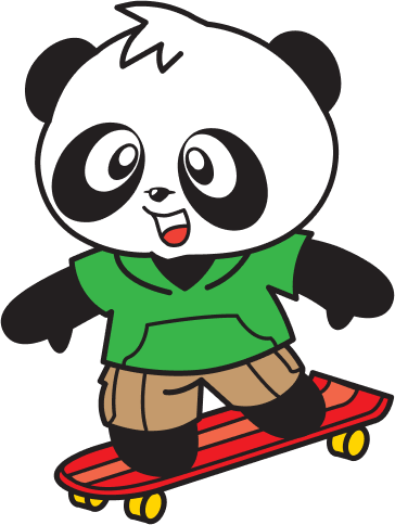 Cartoon panda wearing a green hoodie, skateboarding.