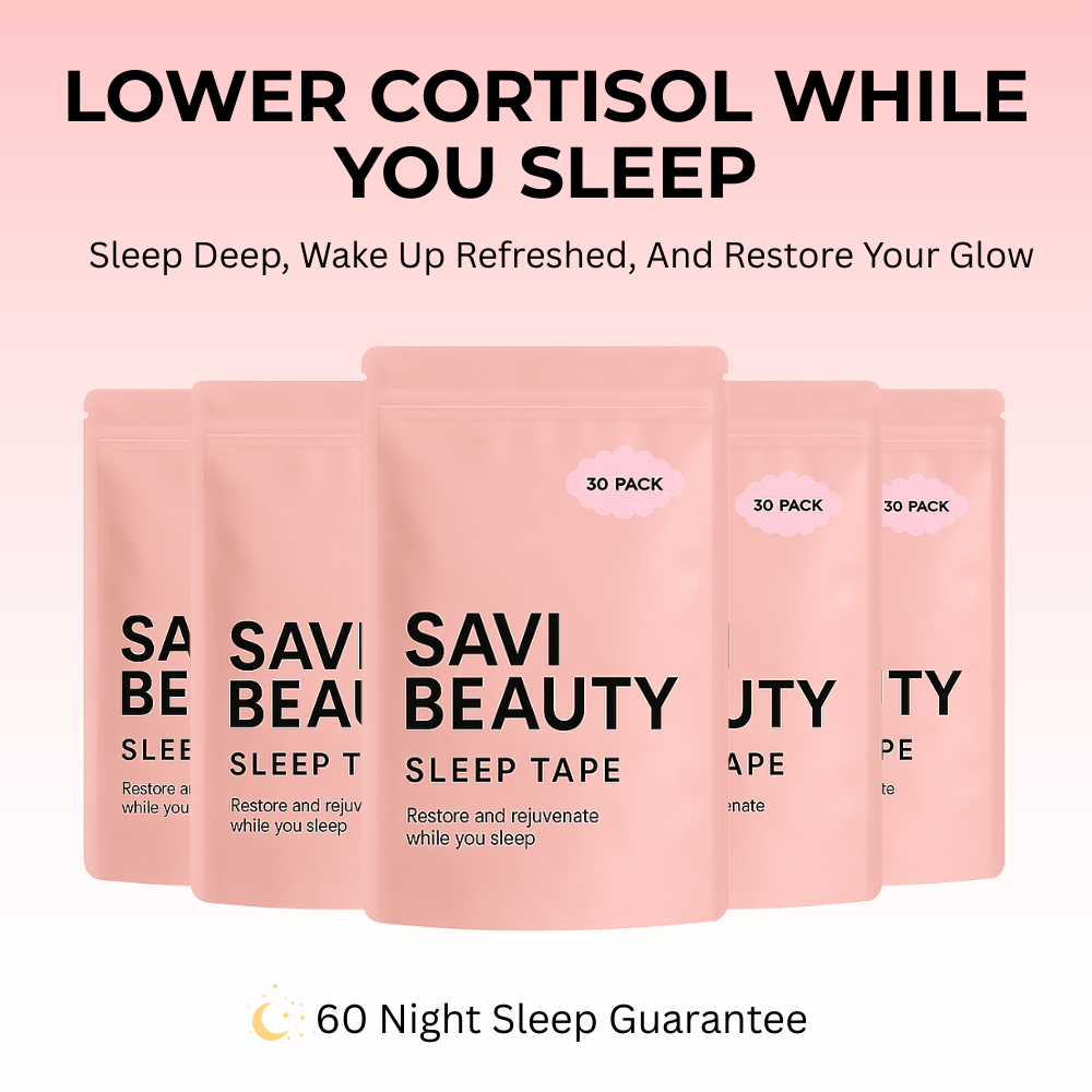 Five pink packages of Savi Beauty Sleep Tape with promotional text.