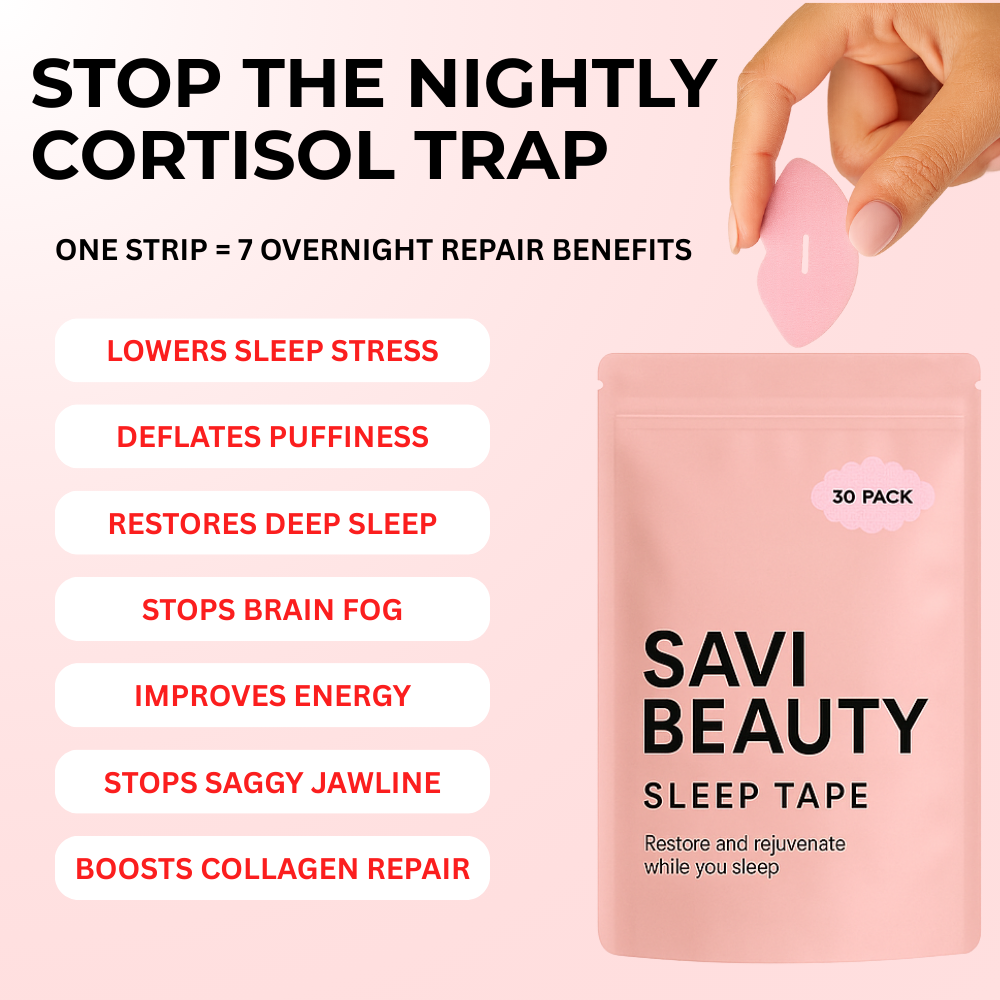 Savi Beauty Sleep Tape packaging with benefits listed, hand holding a pink strip.