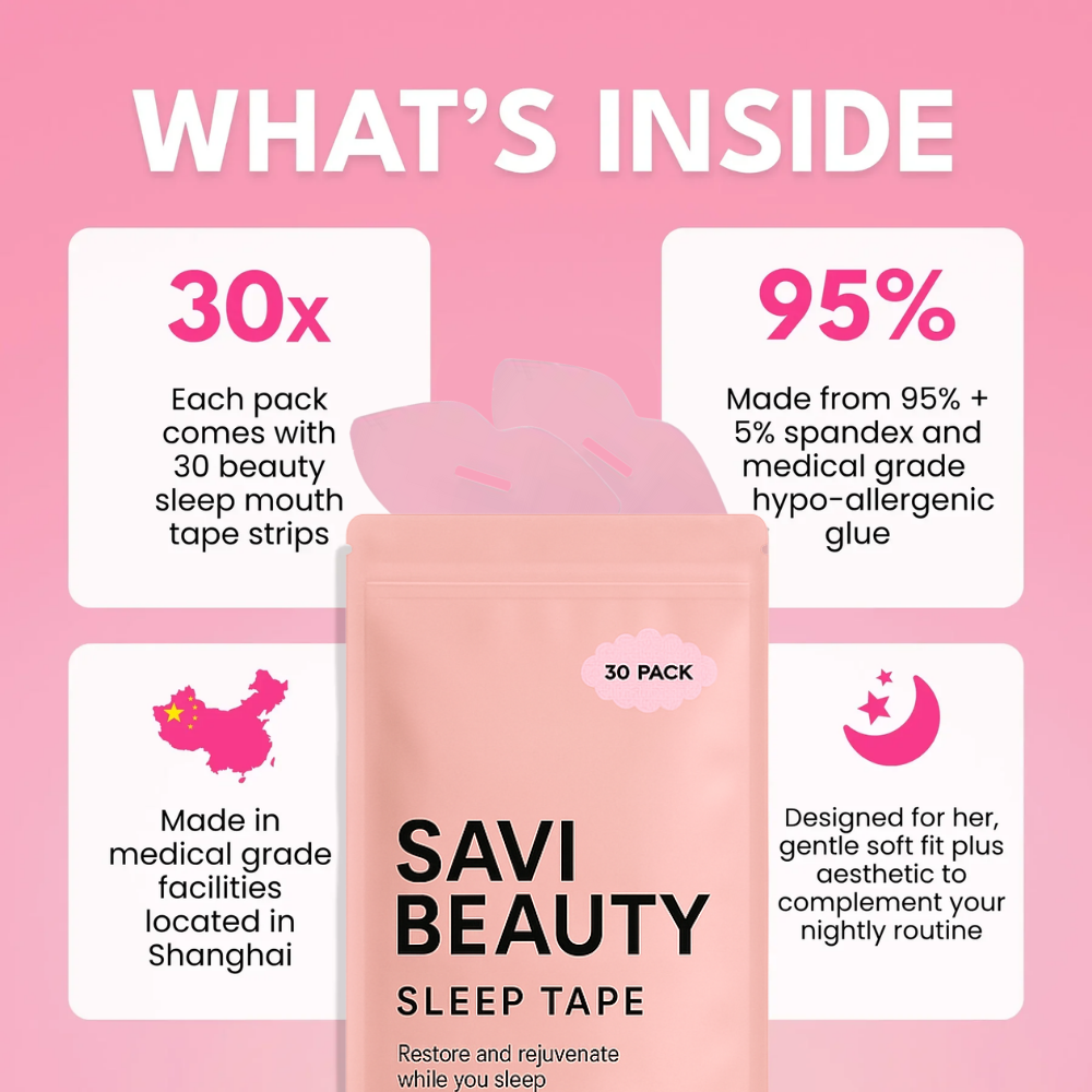 Pink packaging of Savi Beauty Sleep Tape with product details on a pink background.
